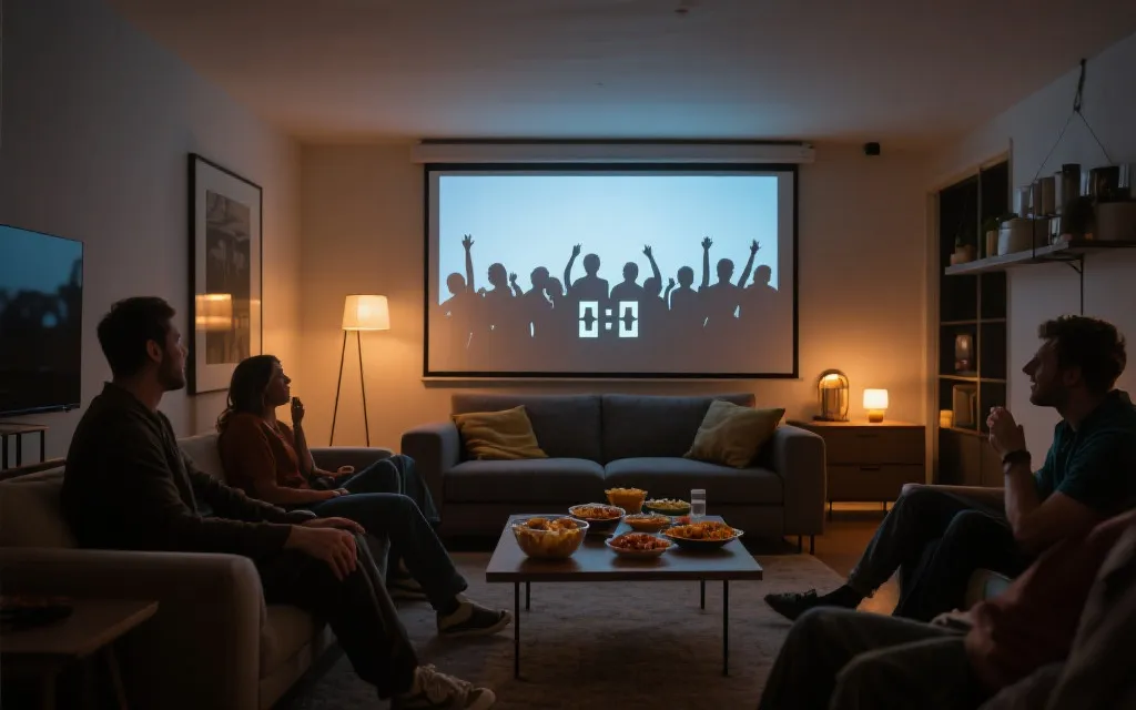 客厅多人聚会观赛，墙上投影显示比赛倒计时，桌上有简洁零食与日历