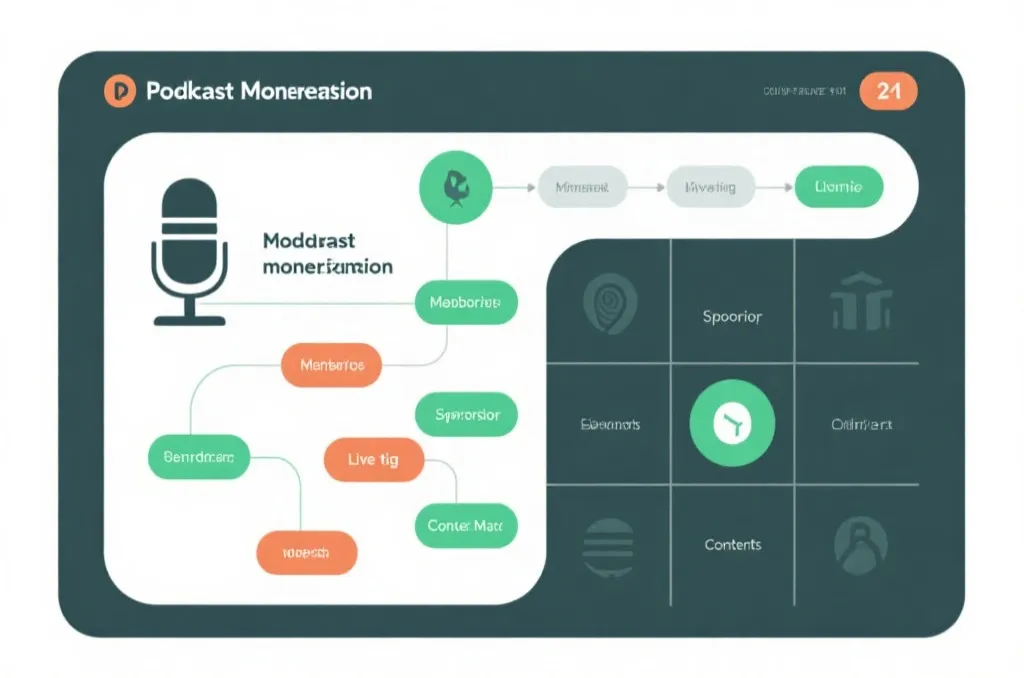 播客变现路径示意：会员、赞助、直播互动与内容矩阵的视觉化布局