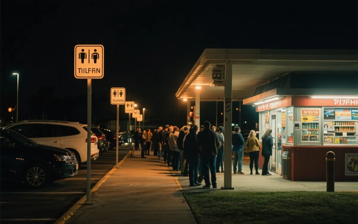 球场停车区步行通道旁的洗手间与小卖部指示牌，夜间灯光温暖，人群排队有序