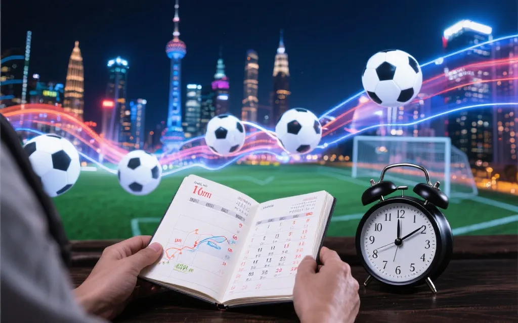 旅行者在不同城市时区看球的计划图：日历、闹钟与比赛时间轴